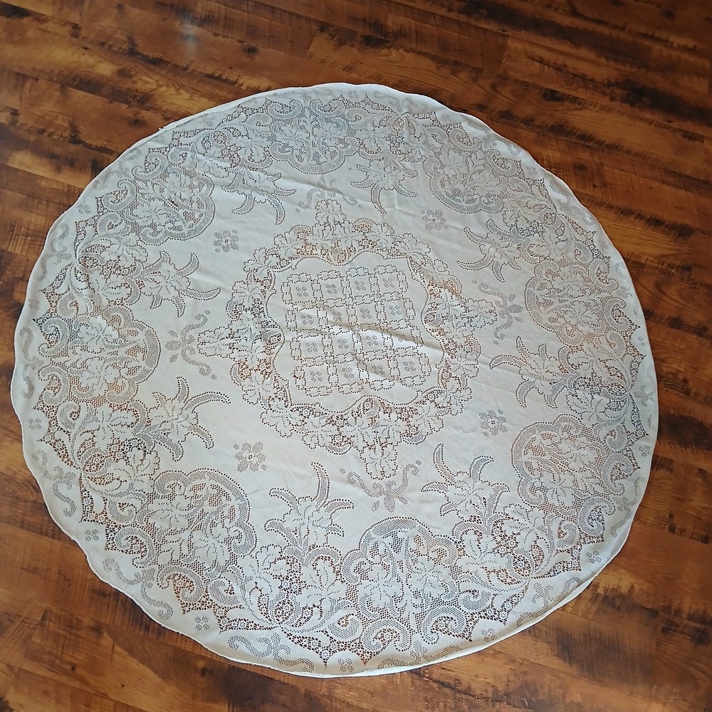 Vintage Woven Cream Tan Ivory Lace Round Tablecloth Cotton Floral 66" DAMAGED